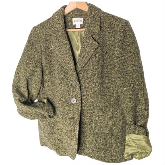 Vintage St John's Bay Green & Brown Tweed Wool 3 Button Blazer size 12 - Picture 1 of 11